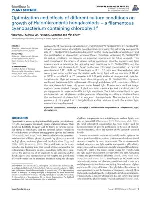 Optimization and Effects of Different Culture Conditions on Growth of Halomicronema Hongdechloris – a ﬁlamentous Cyanobacterium Containing Chlorophyll F