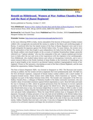 Renold on Hildebrand, 'Women at War: Subhas Chandra Bose and the Rani of Jhansi Regiment'