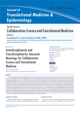 Interdisciplinarity and Transdisciplinarity: Keyword Meanings for Collaboration Science and Translational Medicine