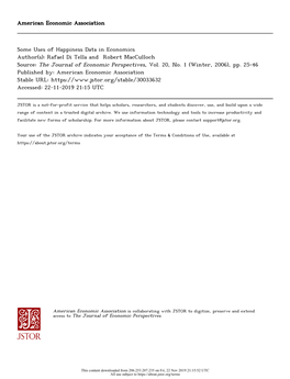 Some Uses of Happiness Data in Economics Author(S): Rafael Di Tella and Robert Macculloch Source: the Journal of Economic Perspectives, Vol