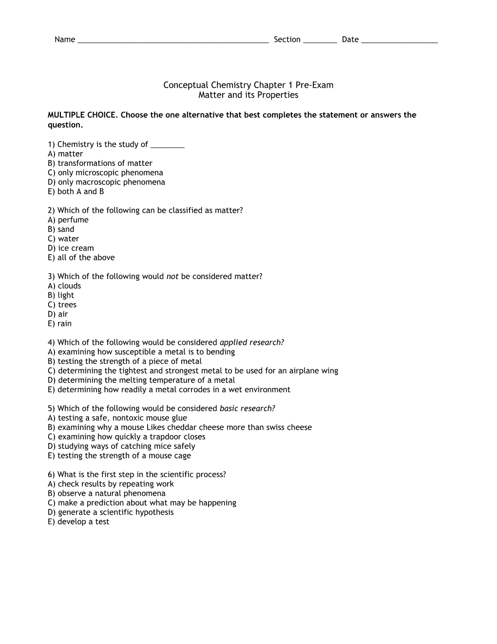 Conceptual Chemistry Chapter 1 Pre-Exam