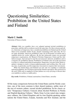 Questioning Similarities: Prohibition in the United States and Finland