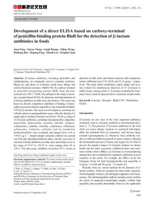 Development of a Direct ELISA Based on Carboxy-Terminal of Penicillin-Binding Protein Blar for the Detection of Β-Lactam Antibiotics in Foods
