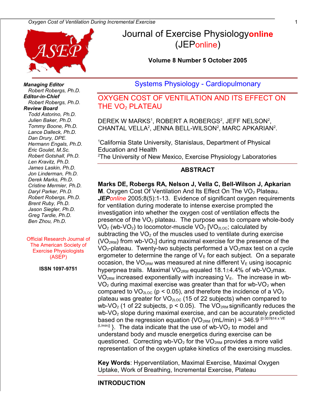 Oxygen Cost of Ventilation During Incremental Exercise