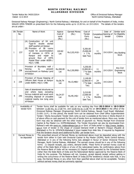 NORTH CENTRAL RAILWAY ALLAHABAD DIVISION Tender Notice No: 9420132014 Office of Divisional Railway Manager Dated: 12-2-2014 North Central Railway, Allahabad