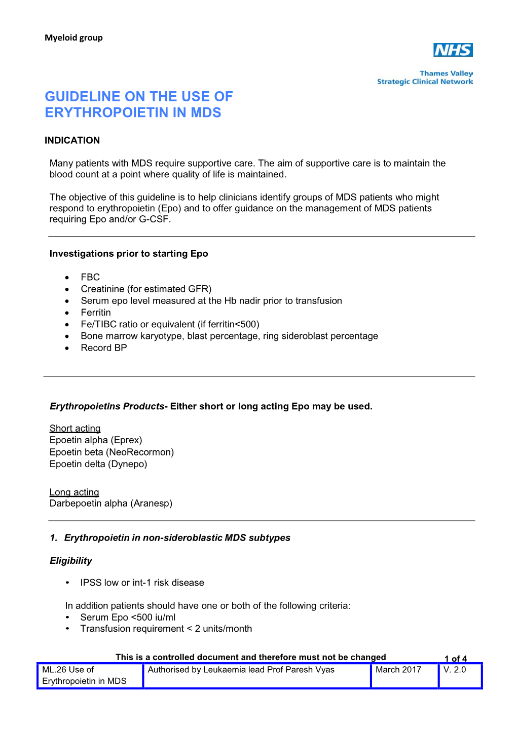 Guideline on the Use of Erythropoietin in Mds