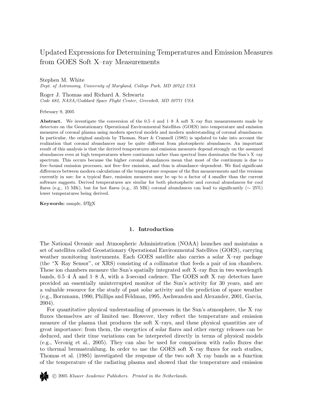 Updated Expressions for Determining Temperatures and Emission Measures from GOES Soft X–Ray Measurements