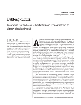 Dubbing Culture: Indonesian Gay and Lesbi Subjectivities and Ethnography in an Already Globalized World