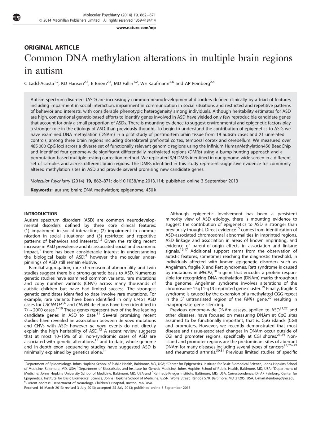 Common DNA Methylation Alterations in Multiple Brain Regions in Autism