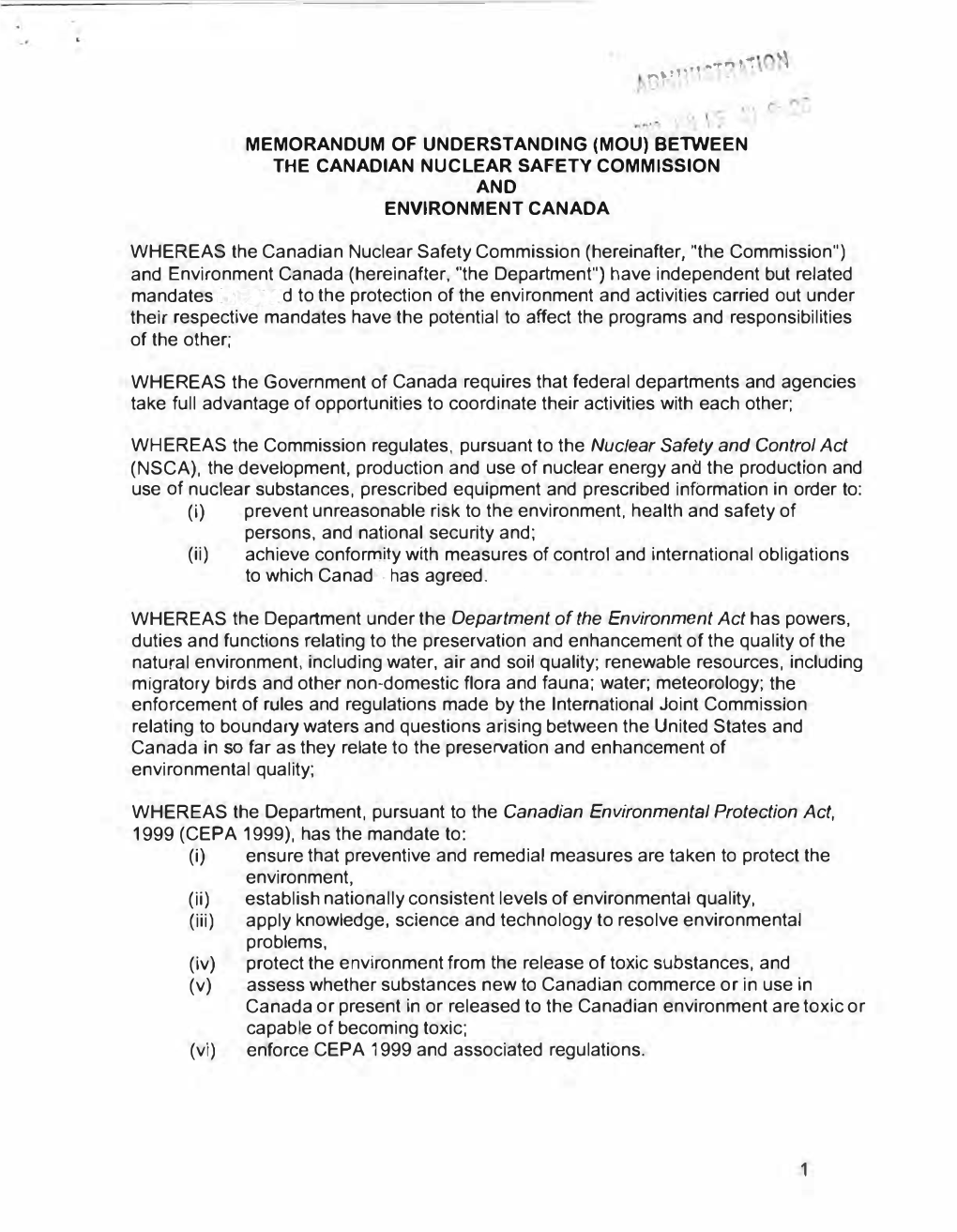 Mou Between Environment Canada and the CNSC