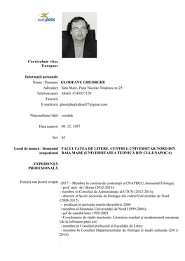 Curriculum Vitae Europass Informaţii Personale Nume / Prenume GLODEANU GHEORGHE Adresă(E)