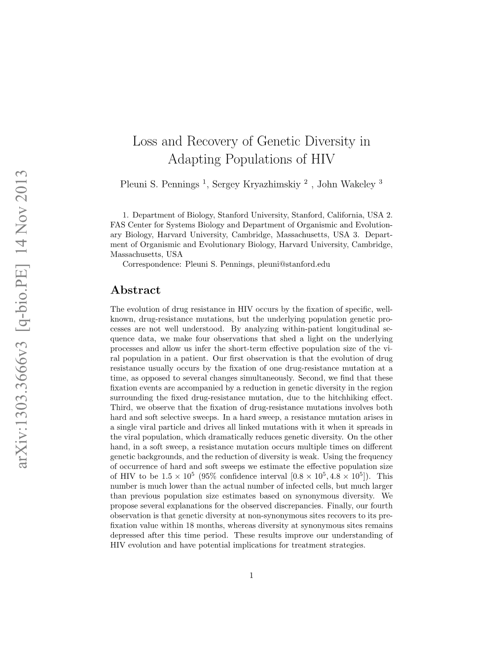 Loss and Recovery of Genetic Diversity in Adapting Populations of HIV