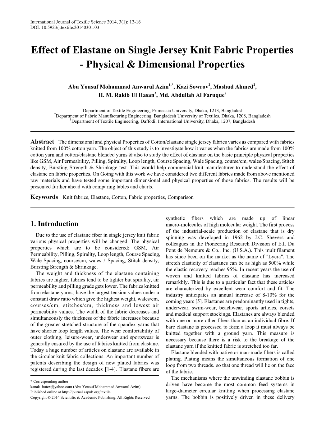 Effect of Elastane on Single Jersey Knit Fabric Properties - Physical & Dimensional Properties