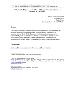 O Retrato Rodrigueano Na Tv (1963 – 2002): Uma Trajetória Através Dos Formatos De Tele-Ficção 1