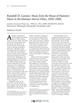 Randall D. Larson: Music from the House of Hammer: Music in the Hammer Horror Films, 1950–1980
