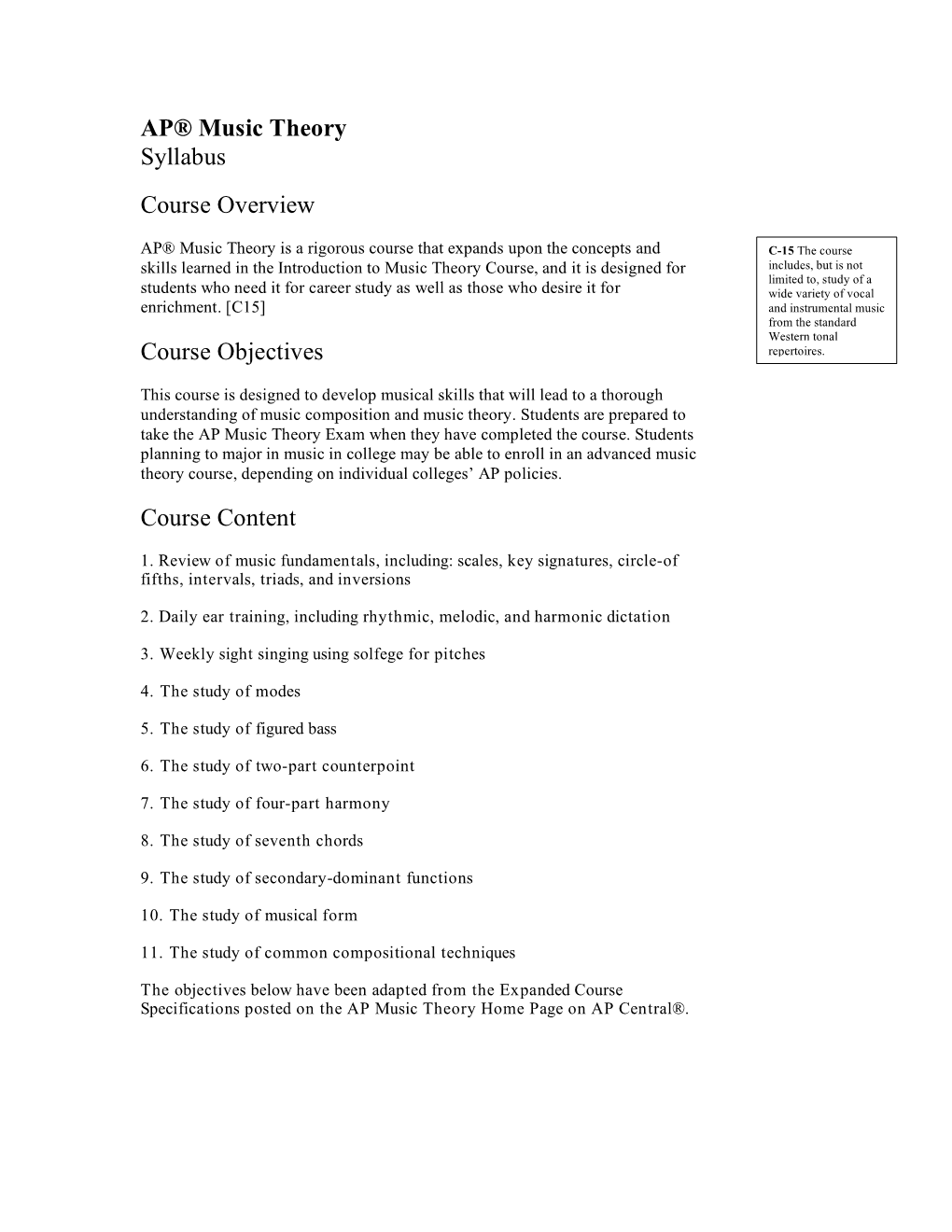 AP® Music Theory Syllabus Course Overview Course Objectives Course Content