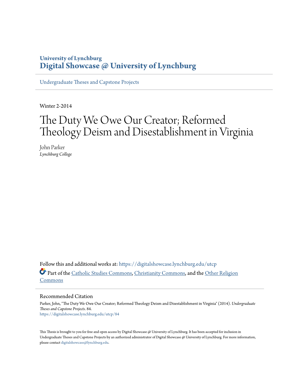 Reformed Theology Deism and Disestablishment in Virginia John Parker Lynchburg College