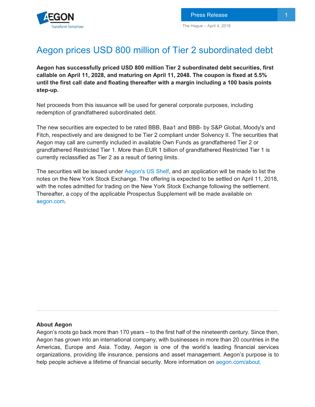 Aegon Prices USD 800 Million of Tier 2 Subordinated Debt