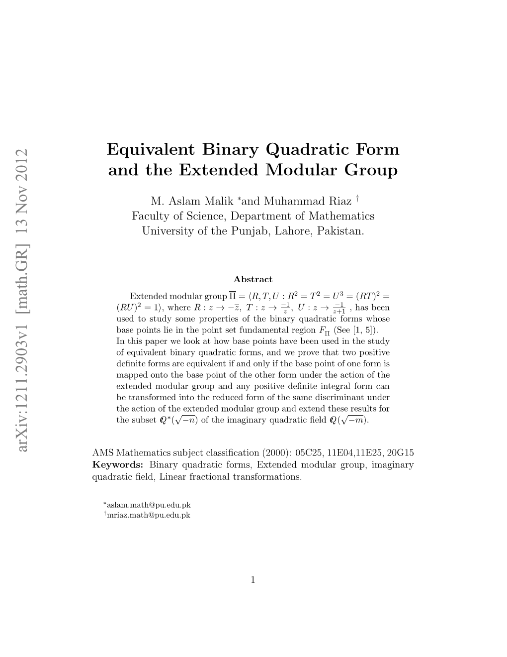 Equivalent Binary Quadratic Form and the Extended Modular Group