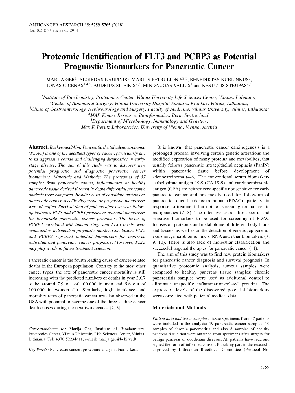 Proteomic Identification of FLT3 and PCBP3 As Potential Prognostic