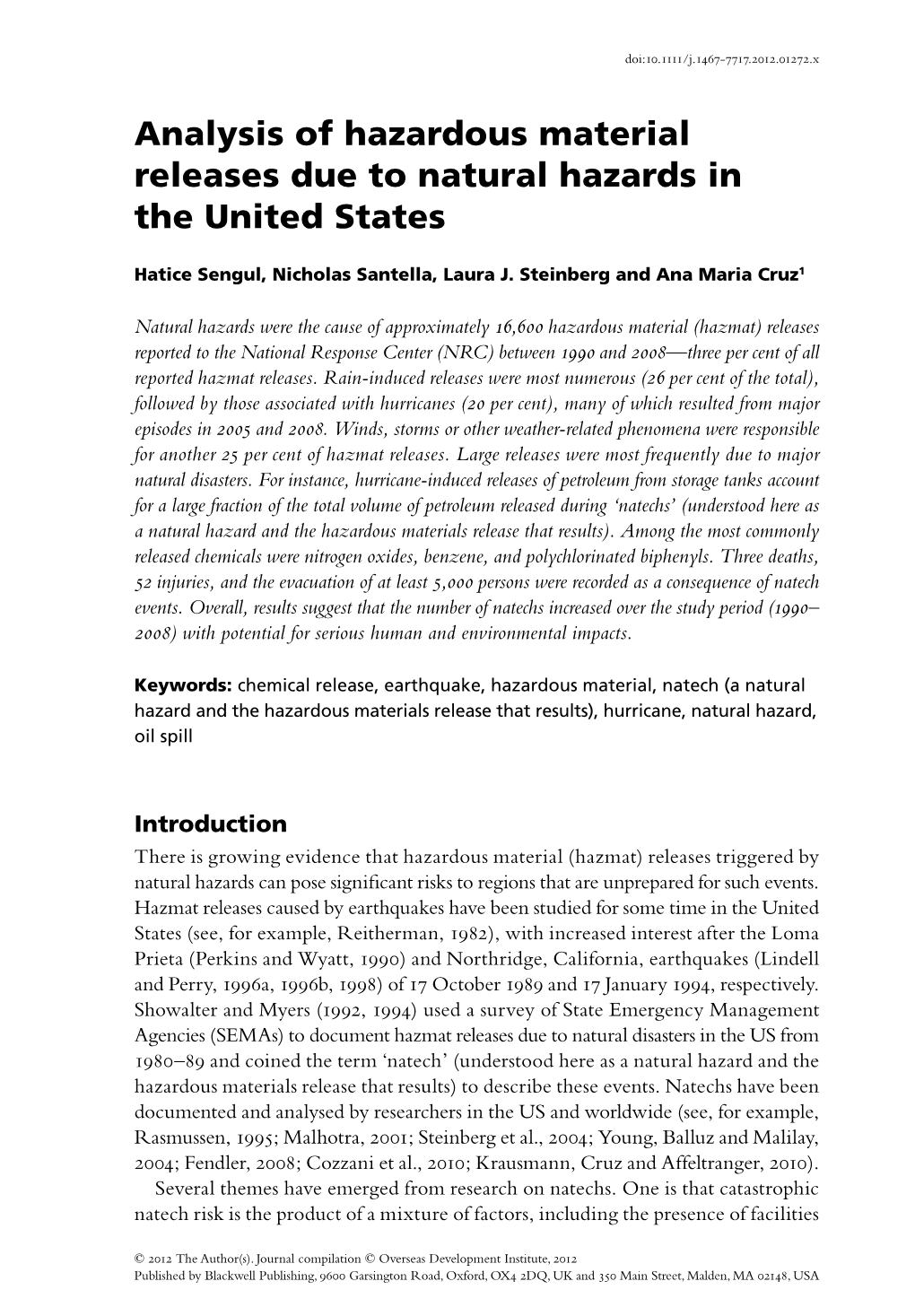 Analysis of Hazardous Material Releases Due to Natural Hazards in the United States