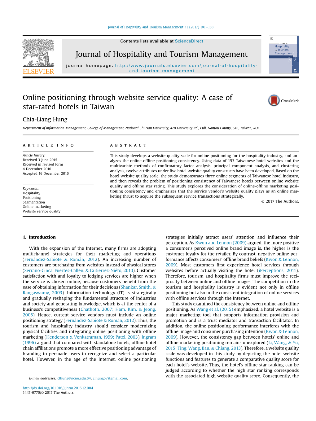 Online Positioning Through Website Service Quality: a Case of Star-Rated Hotels in Taiwan