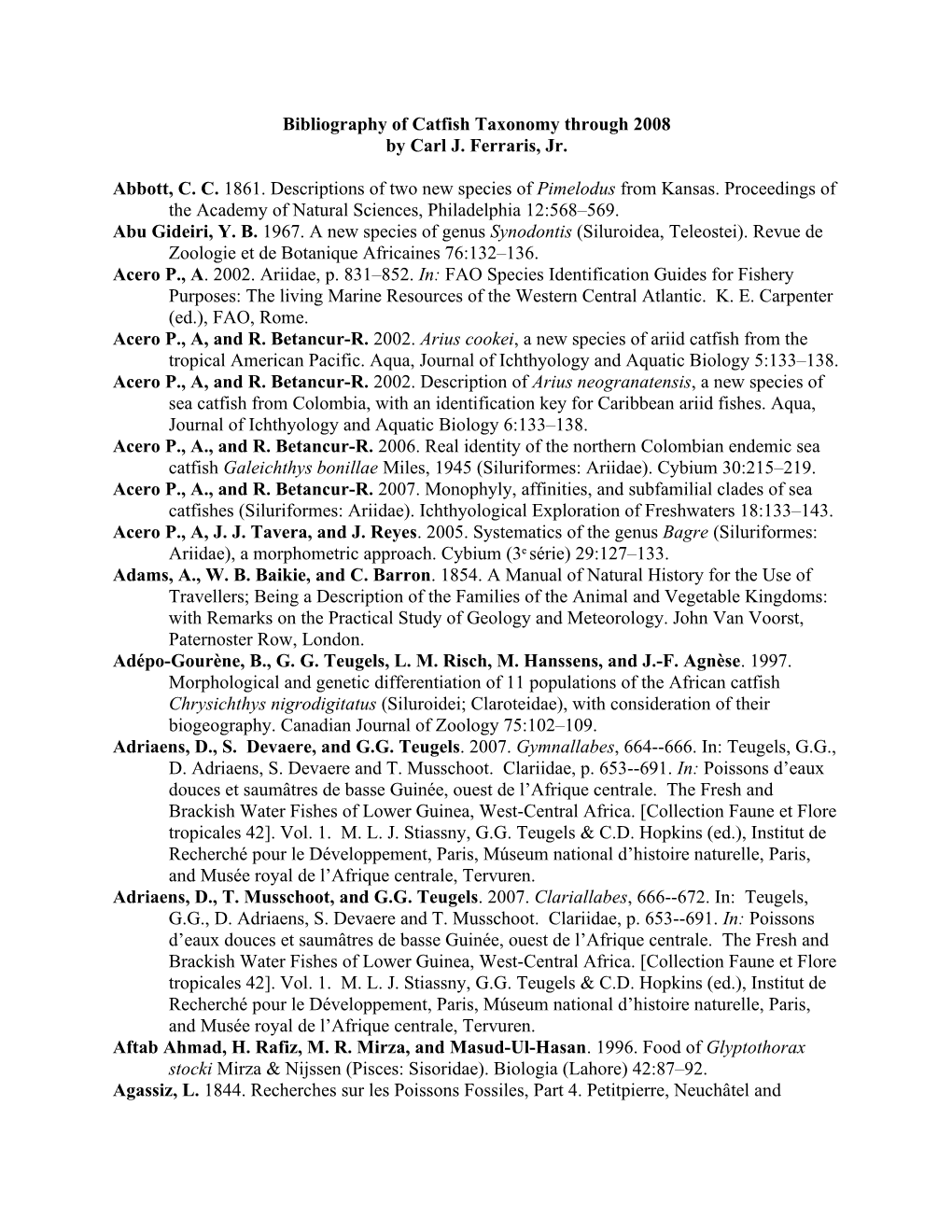 Bibliography Of Catfish Taxonomy Through 2008