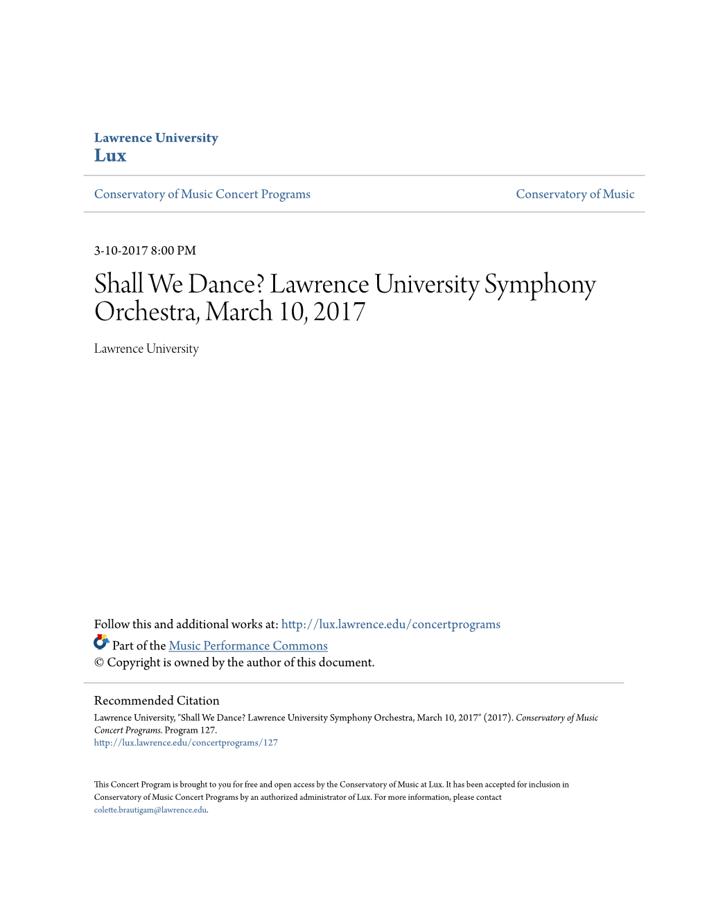 Shall We Dance? Lawrence University Symphony Orchestra, March 10, 2017 Lawrence University