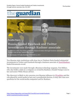 Russia Funded Facebook and Twitter Investments Through Kushner Associate