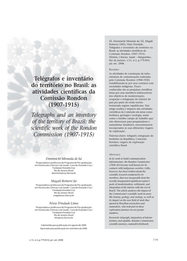 Telégrafos E Inventário Do Território No Brasil: As Atividades Científicas Da Comissão Rondon (1907-1915)