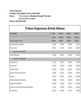 Triton Espresso Drink Menu