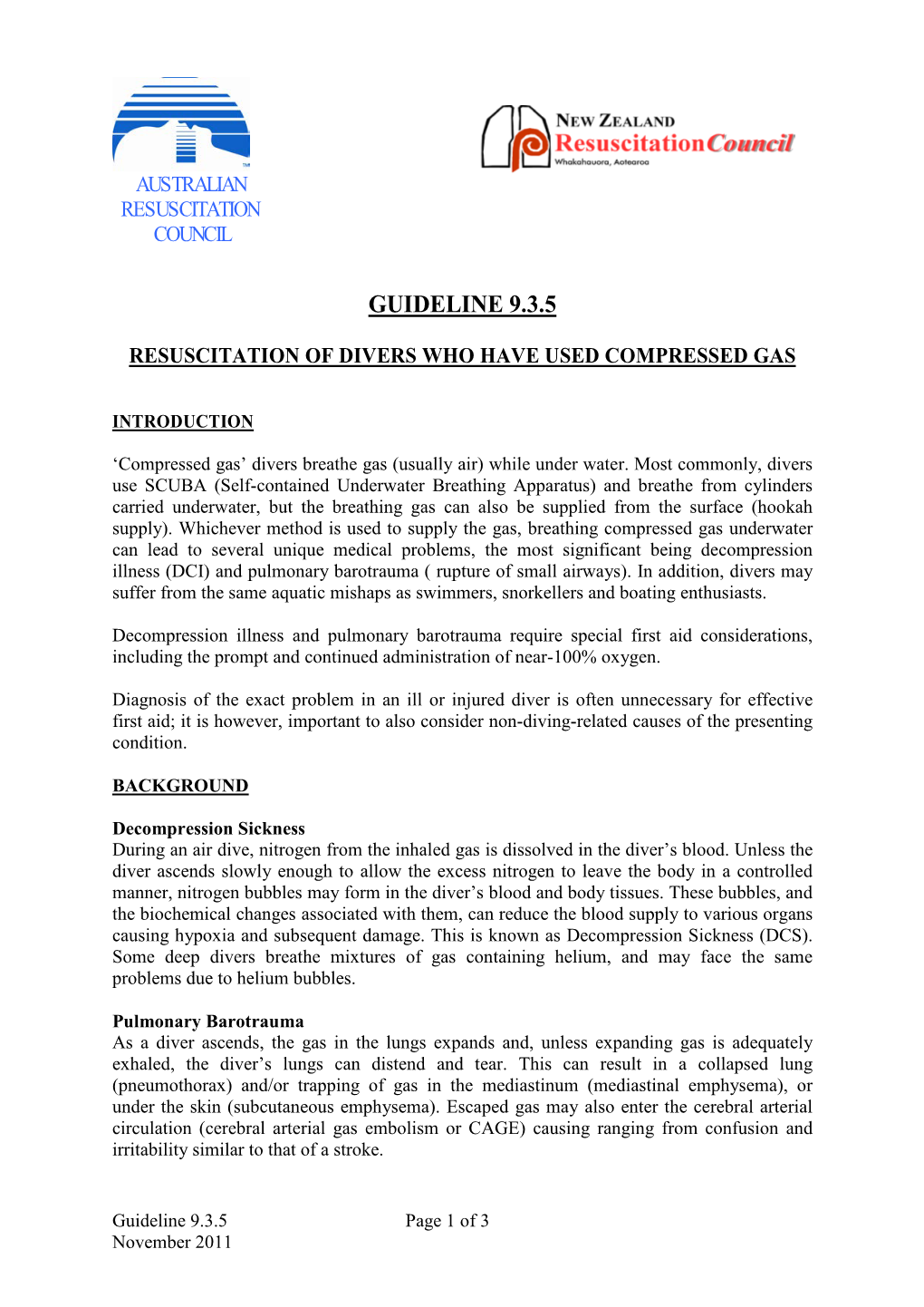 Guideline 9.3.5 Resuscitation of Divers Who Have Used Compressed