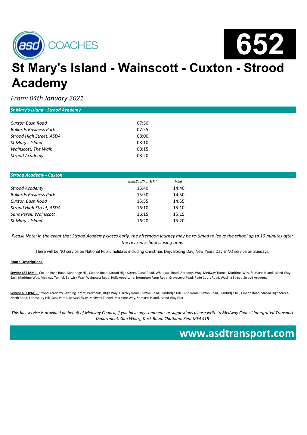 St Mary's Island - Wainscott - Cuxton - Strood Academy From: 04Th January 2021