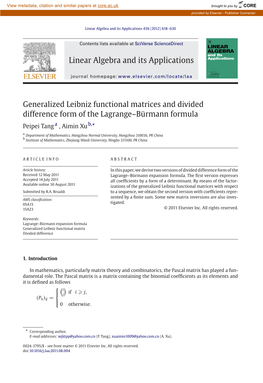 Generalized Leibniz Functional Matrices and Divided Difference Form of the Lagrange–Bürmann Formula ∗ Peipei Tang a , Aimin Xu B