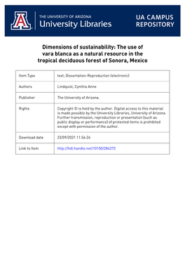 Dimensions of Sustainability: the Use of Vara Blanca As a Natural Resource in the Tropical Deciduous Forest of Sonora, Mexico