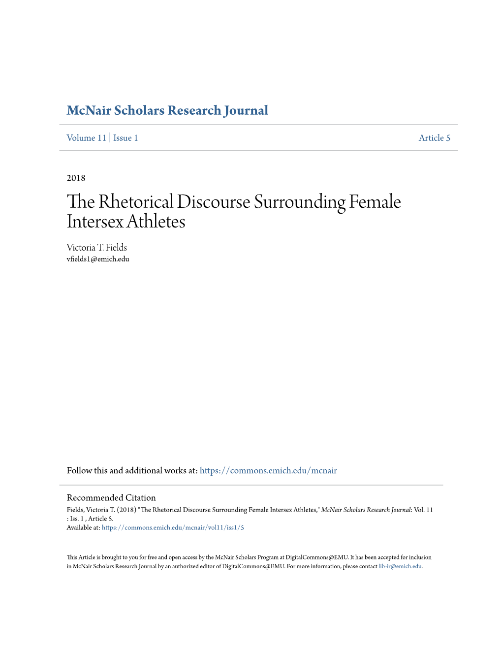 The Rhetorical Discourse Surrounding Female Intersex Athletes Victoria T