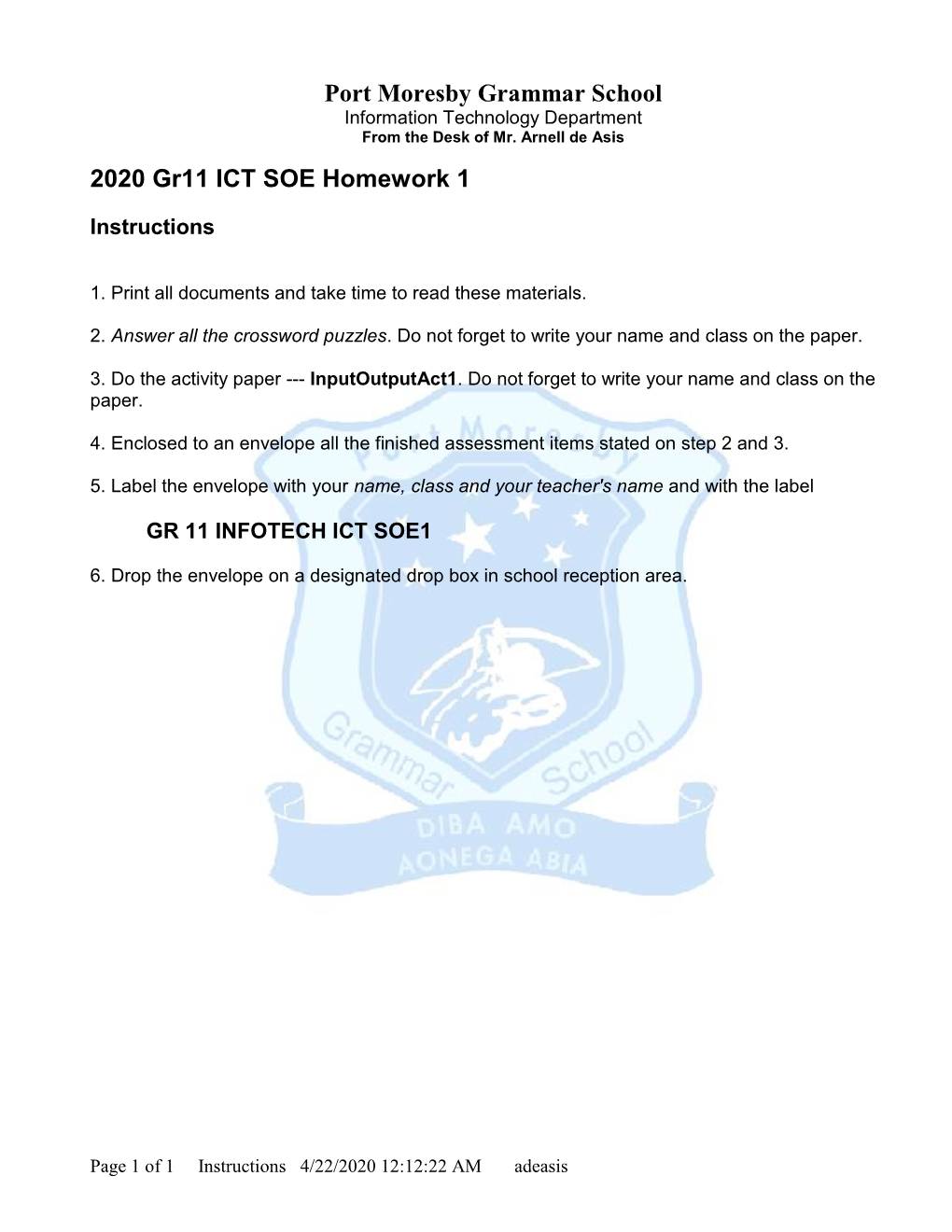 Port Moresby Grammar School 2020 Gr11 ICT SOE Homework 1