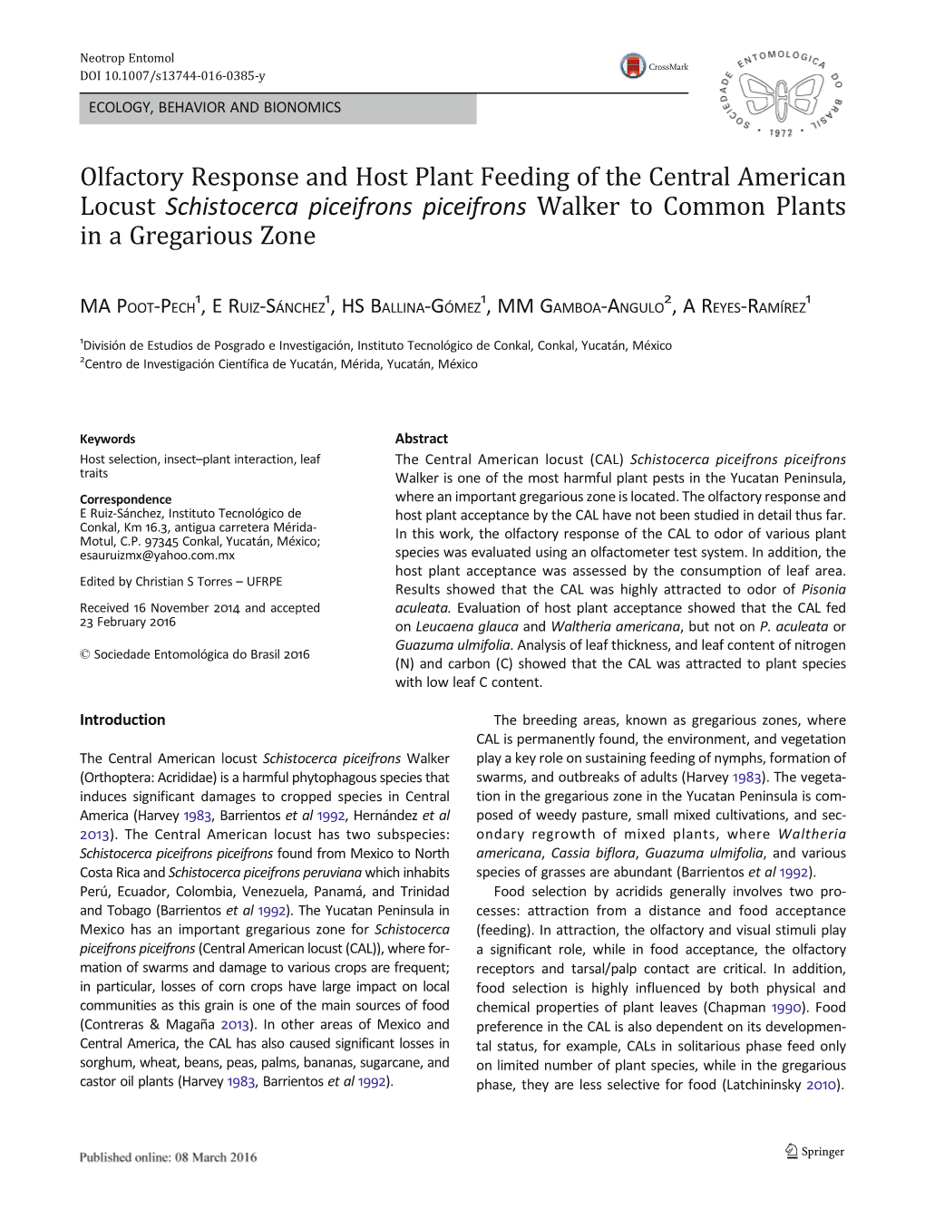 Olfactory Response and Host Plant Feeding of the Central American Locust Schistocerca Piceifrons Piceifrons Walker to Common Plants in a Gregarious Zone