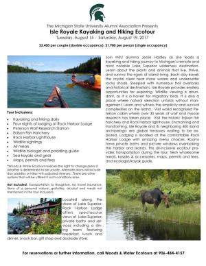Isle Royale Kayaking and Hiking Ecotour Tuesday, August 15 - Saturday, August 19, 2017