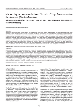 By Leucocroton Havanensis (Euphorbiaceae) Hiperacumulación “In Vitro” De Ni En Leucocroton Havanensis (Euphorbiaceae)