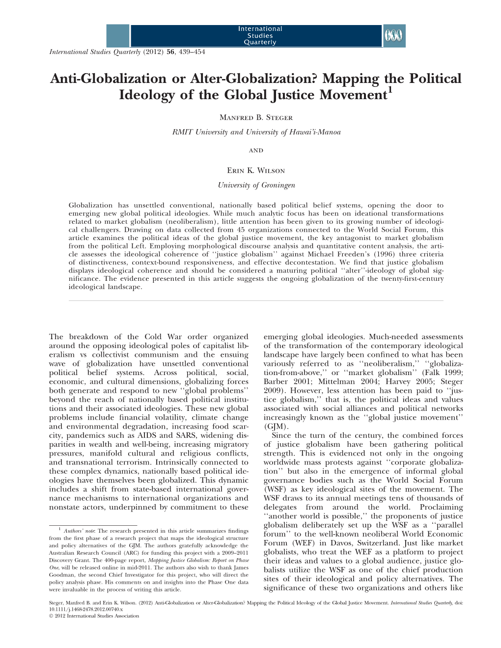 Anti-Globalization Or Alter-Globalization? Mapping the Political Ideology of the Global Justice Movement1