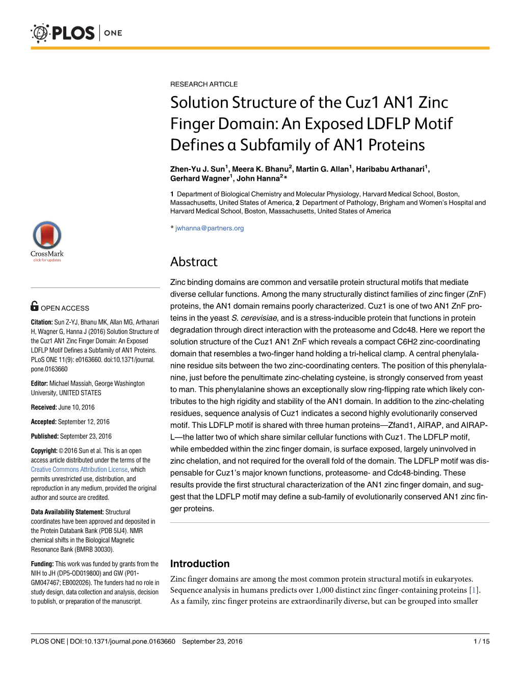 Solution Structure of the Cuz1 AN1 Zinc Finger Domain: an Exposed LDFLP Motif Defines a Subfamily of AN1 Proteins