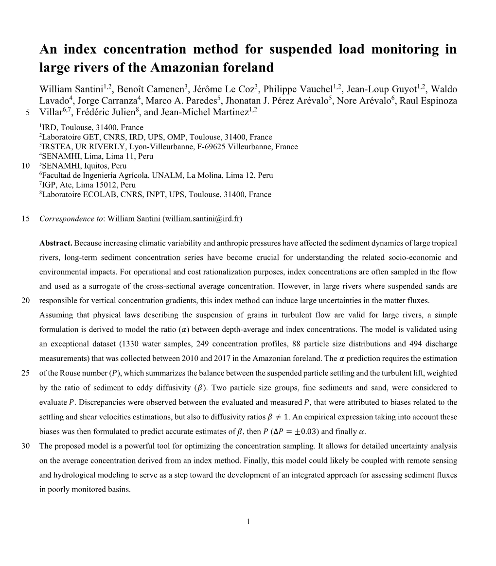 An Index Concentration Method for Suspended Load Monitoring in Large Rivers of the Amazonian Foreland