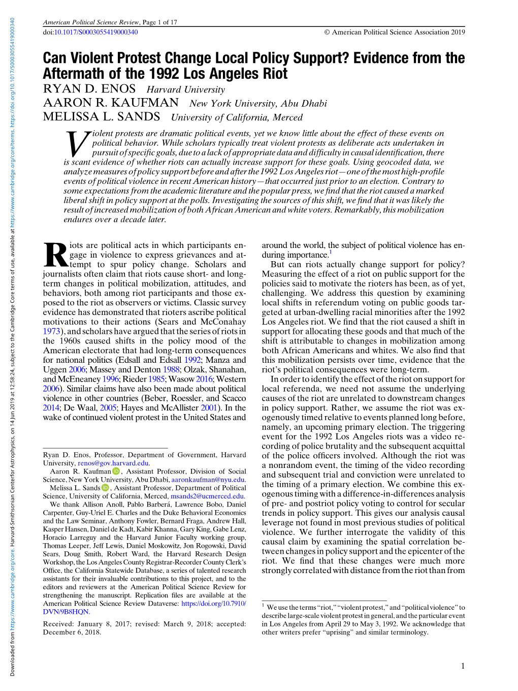 Can Violent Protest Change Local Policy Support? Evidence from the Aftermath of the 1992 Los Angeles Riot RYAN D