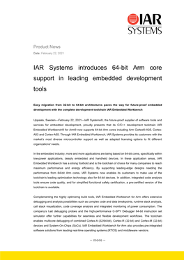 IAR Systems Introduces 64-Bit Arm Core Support in Leading Embedded Development Tools