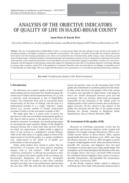 Analysis of the Objective Indicators of Quality of Life in Hajdú-Bihar County