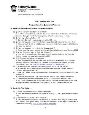 The Centralia Mine Fire Frequently Asked Questions/Answers A