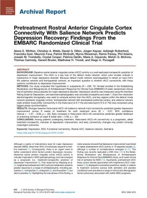 Pretreatment Rostral Anterior Cingulate Cortex Connectivity with Salience Network Predicts Depression Recovery: Findings from the EMBARC Randomized Clinical Trial
