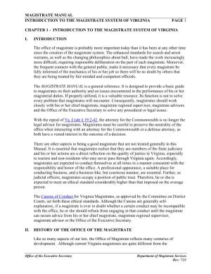 Magistrate Manual Introduction to the Magistrate System of Virginia Page 1