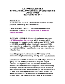 AIR IVANHOE LIMITED INFORMATION PACKAGE for ALL GUESTS from the UNITED STATES REVISED Mar 15, 2013